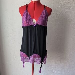 Baci - Elegant Black and Purple Lace Chemise with Garter Straps, Women's 16-22